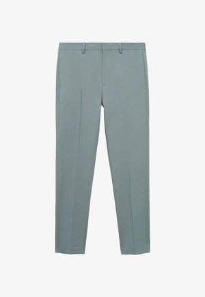 Jasnoszare dopasowane spodnie o gładkiej fakturze, prostym kroju nogawki, bocznych kieszeniach i płaskim przodzie. Brak widocznych ozdób.