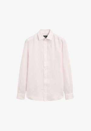 Helles rosa Leinenhemd mit langen Ärmeln, einem Button-Down-Kragen und einer vollen Vorderseite mit kleinen weißen Knöpfen.