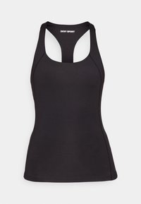 Schwarzes Sport-Top aus glattem Stoff. Verfügt über ein Racerback-Design und kontrastierende Nähte. Schlichte, schlanke Form.