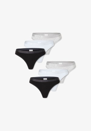 Set van zes slipjes in zwart, wit en lichtgrijs. Gemaakt van zachte stof met elastische taillebanden bedrukt met logo en een gladde afwerking.