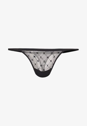 Zwarte mesh string met een diamantpatroon en accenten van 'K' en 'N'. Dunne bandjes en een soepele textuur verbeteren het ontwerp.
