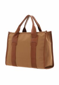 Sac en nylon marron avec deux poignées solides, de forme rectangulaire et des sangles marron contrastantes. Présente une texture lisse et un design minimaliste.