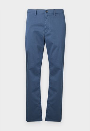 Rett ben blå bukser med beltehemper, frontknapp og glidelås, vist på en ensfarget hvit bakgrunn.