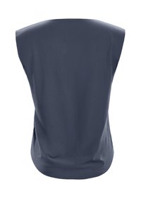 Sleeveless top in dark blue fabric. Smooth texture with a rounded neckline and a relaxed fit, featuring side pockets and a draped back.