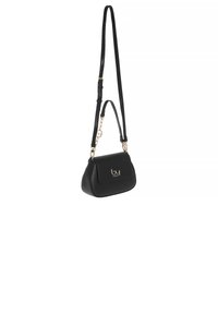 Borsa a tracolla nera in pelle con una forma strutturata, accessori in oro e un flap anteriore. Presenta una tracolla removibile per maggiore versatilità.