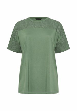 Green short-sleeve T-shirt with textured knit pattern on shoulders and sleeves, round neckline, and loose fit.