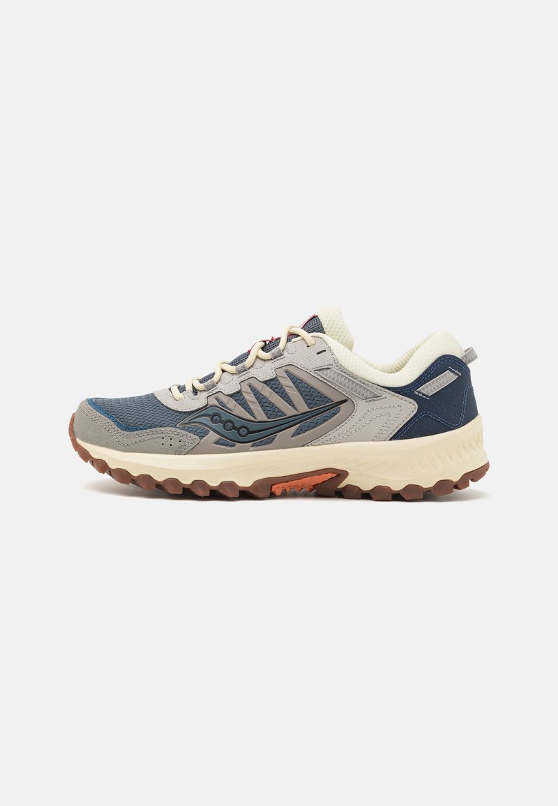 Chaussure de trail en bleu, gris et crème. Présente un dessus en maille, une semelle en caoutchouc avec des profondes stries, et des accents contrastants sur le côté.