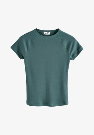 Kurzärmliges, geripptes T-Shirt in tealgrün, mit einem runden Ausschnitt und Raglanärmeln. Weicher Stoff, nahtloses Design mit minimalen Akzenten.
