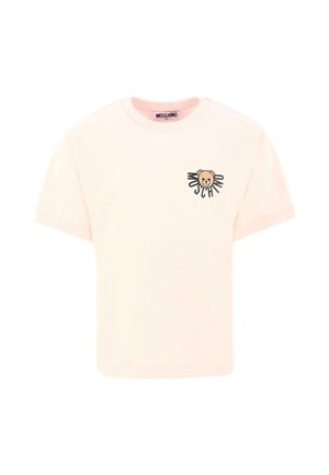 Lichtroze katoenen t-shirt met korte mouwen, voorzien van een berenafbeelding en "MOSCHINO"-tekst op de linkerborst. Ronde halslijn.