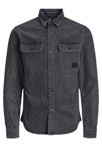 Dunkelgrau denim Langarmhemd mit Druckknöpfen vorne und zwei aufgesetzten Brusttaschen, mit detaillierter Naht an Ärmeln und Saum.