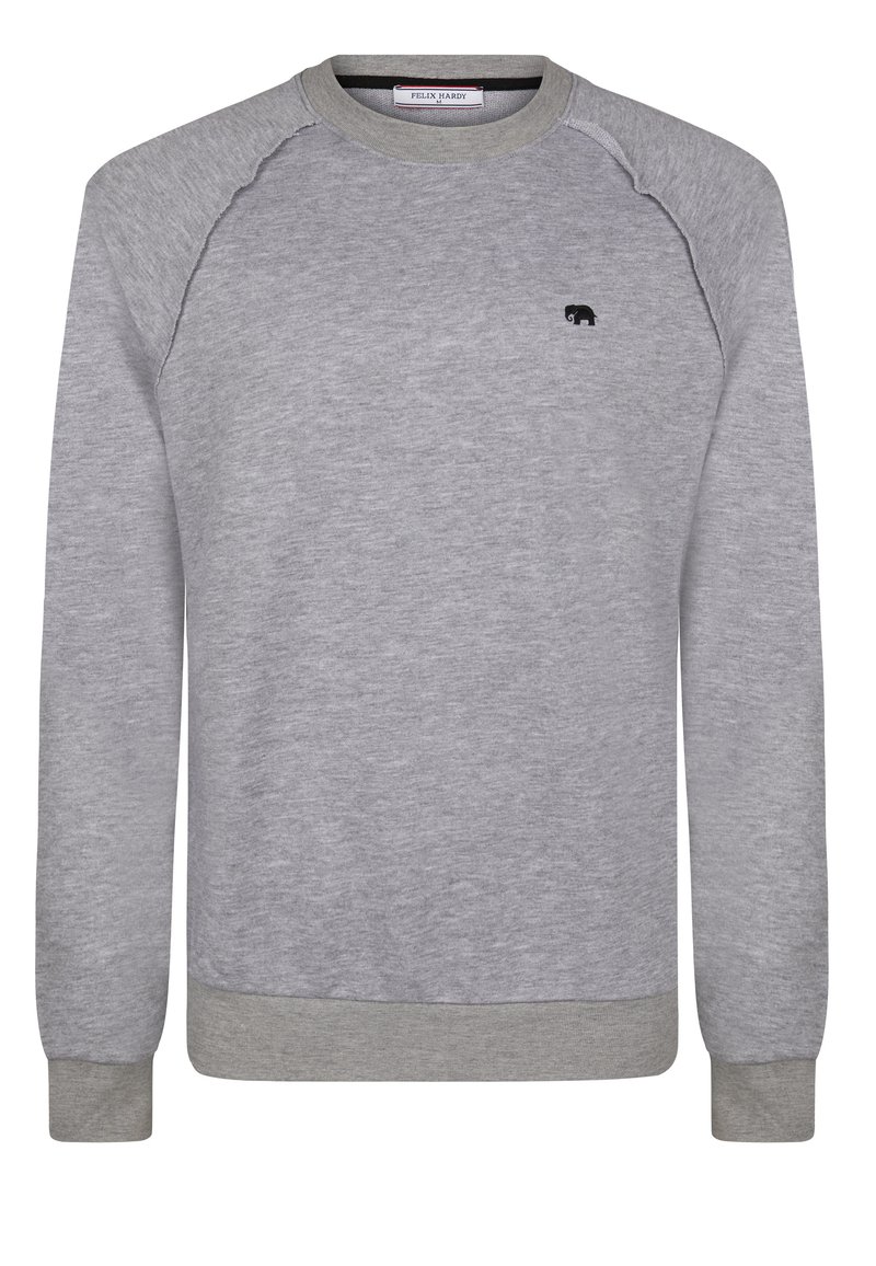 Grå sweatshirt i mjukt tyg, med raglanärmar, rundad halsringning och en liten svart elefantlogotyp på bröstet.