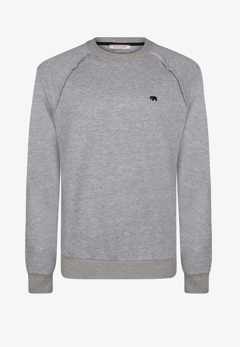 Grå sweatshirt i mjukt tyg, med raglanärmar, rundad halsringning och en liten svart elefantlogotyp på bröstet.