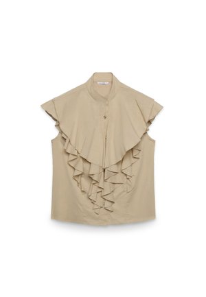 Beige ärmellose Bluse mit hohem Kragen und herabfließenden, geschichteten Rüschen auf der Vorderseite, mit einem einzelnen Knopfverschluss am Ausschnitt.