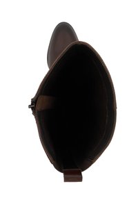 Brown leather ankle boot with a smooth exterior, rounded toe, and soft inner lining. Features a zipper and a pull tab at the back.
