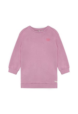 Lila Sweatshirt mit langen Ärmeln und Rundhalsausschnitt, mit gerippten Bündchen und Saum, mit kleinem rosa "PARIS MODE" Text auf der oberen linken Brust.