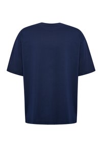Einfarbiges marineblaues T-Shirt mit kurzen Ärmeln, von hinten gezeigt, mit Rundhalsausschnitt und entspannter Passform.