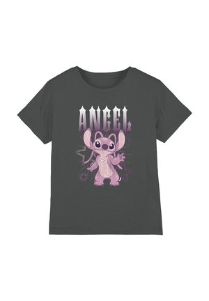 Dark gray short-sleeve t-shirt featuring a purple and pink cartoon character with large ears, alongside the text "ANGEL" in a bold font.