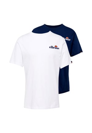 Zwei kurzärmelige Rundhals-T-Shirts, eines in Weiß und eines in Marineblau, jeweils mit kleinem ellesse-Logo auf der linken Brust.