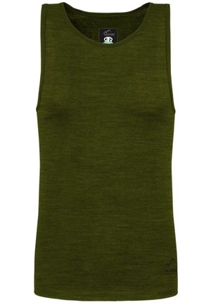 Olive green tank top made of soft fabric. Features a round neckline and sleeveless design. Includes a logo printed near the hem.