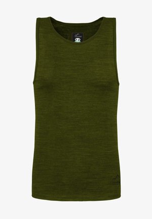 Olive green tank top made of soft fabric. Features a round neckline and sleeveless design. Includes a logo printed near the hem.