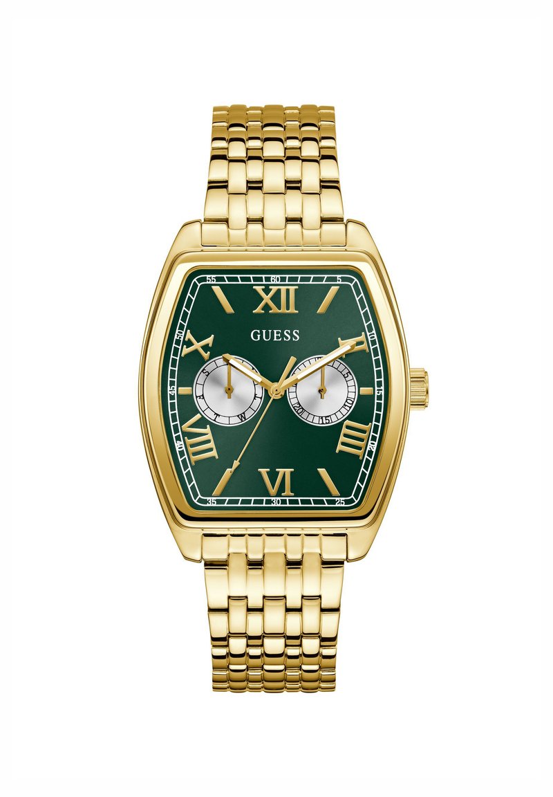 Gold-tone square watch with green dial, Roman numerals, two subdials, and a gold metal bracelet. Features textured and polished accents.