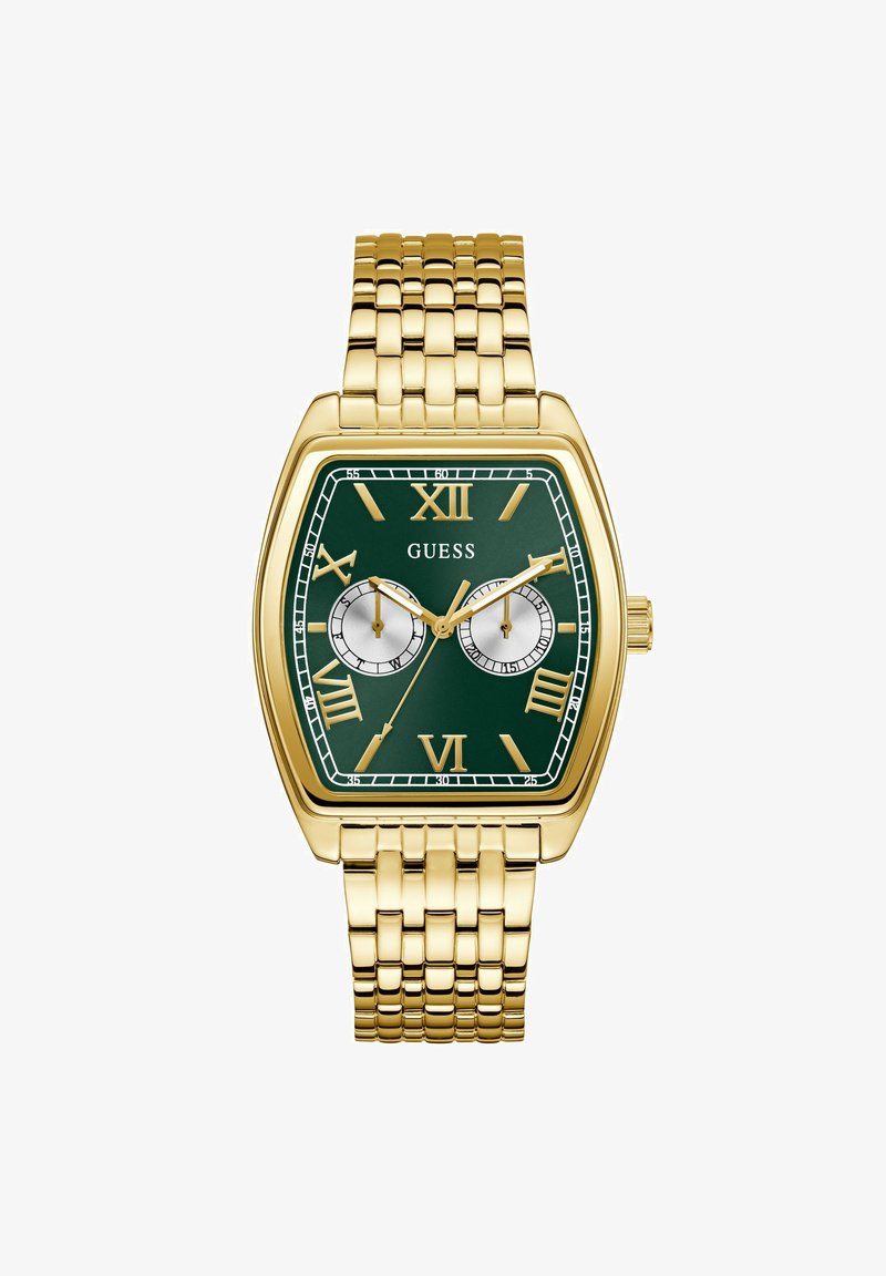 Gold-tone square watch with green dial, Roman numerals, two subdials, and a gold metal bracelet. Features textured and polished accents.