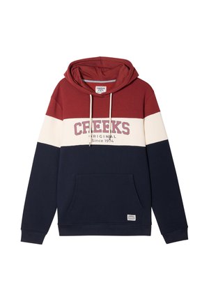 Felpa con cappuccio color block con pannelli bordeaux, bianco e blu navy, tasca frontale, cordini e testo "CREEKS Original Since 1974" sul petto.