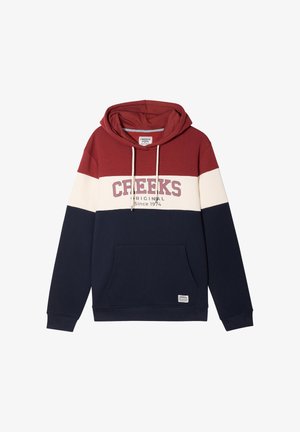 Hoodie w kolorowym blokowaniem w kolorach bordo, białym i granatowym, z przednią kieszenią, sznurkami i napisem "CREEKS Original Since 1974" na klatce piersiowej.