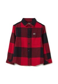 Camicia di flanella a scacchi rossa e nera con colletto a punta, chiusura con bottoni, taschino sul petto e maniche lunghe. Il tessuto sembra morbido con una finitura testurizzata.