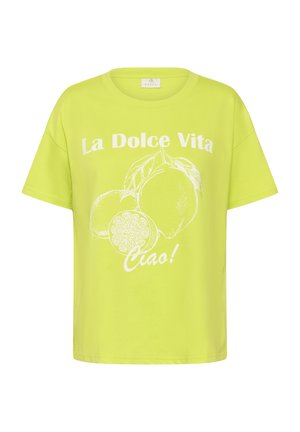 Geltonai žalia marškinėliai su baltais citrinų atspaudais ir užrašais "La Dolce Vita" ir "Ciao!" priekyje.