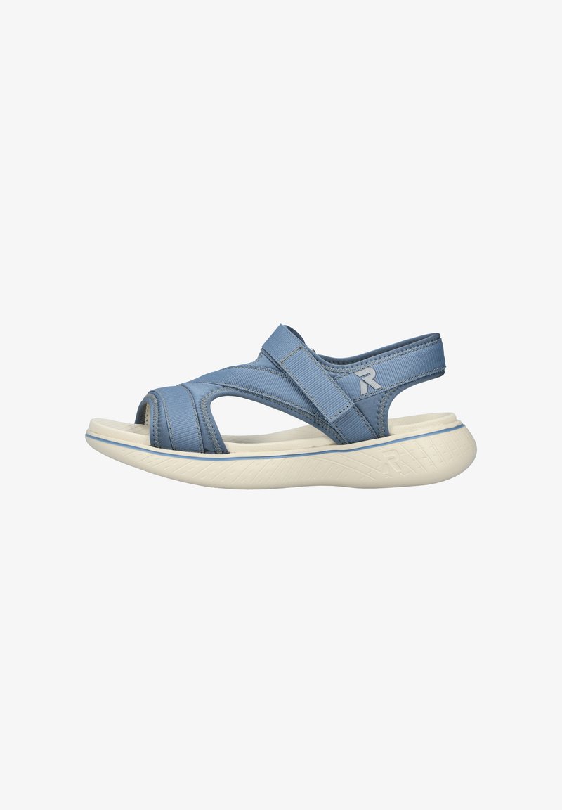 Blue sandal with open toe design, adjustable straps, textured synthetic upper, and a cushioned white sole with a patterned bottom.
