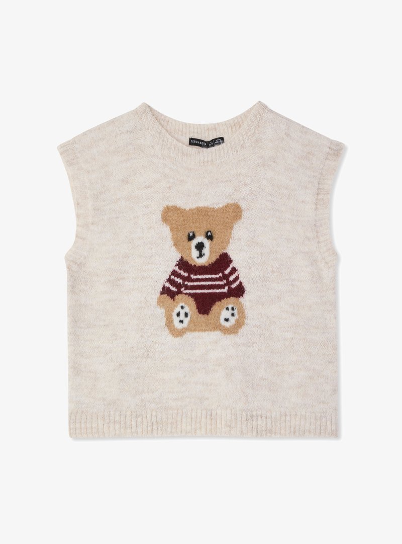 Gilet senza maniche in maglia color crema con un orsetto che indossa un maglione a righe bordeaux e bianche lavorato a maglia sul davanti.