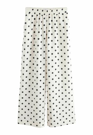 White wide-leg pants with black polka dots and an elastic waistband, displayed on a plain background.