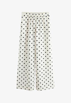 White wide-leg pants with black polka dots and an elastic waistband, displayed on a plain background.