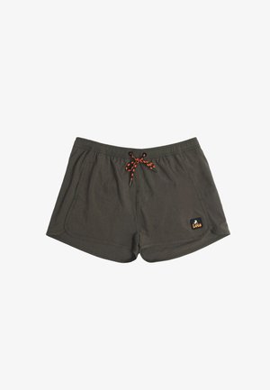 Bañador corto para hombre de color gris oscuro con cordón ajustable negro y naranja y pequeño logo en parche negro en la pierna izquierda.