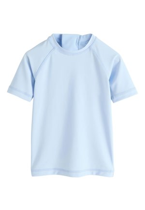 Maglietta a maniche corte azzurro chiaro con scollo rotondo e cuciture a flatlock, progettata per la protezione dall'acqua o dal sole.
