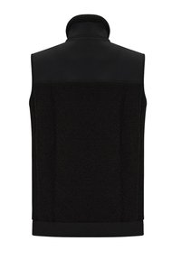 Schwarze Weste aus strukturiertem Fleece mit hohem Kragen. Glatte schwarze Einsätze an den Schultern und Seiten, gesäumte Kanten und keine sichtbaren Metallteile.