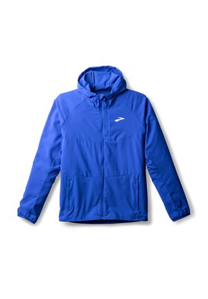 Blaues Sportjacke mit Kapuze, durchgehendem Reißverschluss und zwei Fronttaschen. Hergestellt aus leichtem Stoff mit glatter Textur und minimalem Branding.