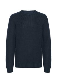 Navy blue knitted crewneck sweater with long sleeves and ribbed cuffs and hem.
