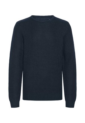 Marineblaues gestricktes Rundhals-Sweatshirt mit langen Ärmeln und gerippten Bündchen und Saum.