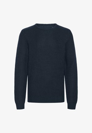 Marineblaues gestricktes Rundhals-Sweatshirt mit langen Ärmeln und gerippten Bündchen und Saum.