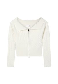 Sweter z warkoczowym splotem, skrócony, w kolorze białym. Posiada szeroki kołnierz oraz zamek z przodu, a także ściągacze przy mankietach i dolnej krawędzi, które zapewniają dopasowany wygląd.