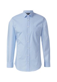 Himmelblaues Baumwollhemd mit einem Button-Down-Kragen, langen Ärmeln und einem dezenten Pünktchenmuster. Verfügt über eine Brusttasche und weiße Knöpfe.