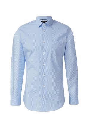 Jasnoniebieska bawełniana koszula z kołnierzykiem na guziki, długimi rękawami i subtelnym wzorem w kropki. Posiada kieszeń na piersi oraz białe guziki.