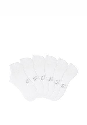 Six pairs of white low-cut ankle socks arranged in a fan shape, each marked with size 35-38 and brand initials HLS.