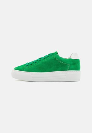 Zielony zamszowy niskoprofilowy sneaker z białą gumową podeszwą i zakładką na pięcie, płaskimi sznurowadłami oraz minimalnym przeszyciem na jednolitym jasnym tle.