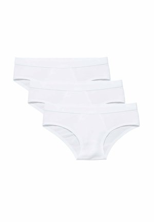 Tre slip bianchi senza cuciture da donna impilati, che mostrano tessuto morbido e ampie fasce in vita.