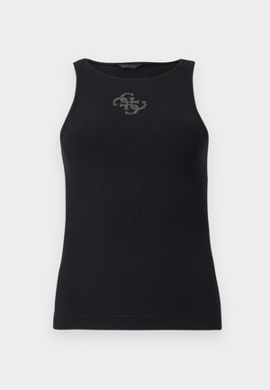 Schwarzes, geripptes, ärmelloses Top mit rundem Ausschnitt und kleinem, in der Nähe des Kragens zentriertem Logo aus Strasssteinen.