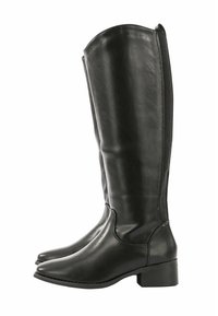 Stivali alti in pelle nera con una finitura liscia, punta appuntita e tacco a blocco basso. Presentano pannelli laterali elasticizzati per una vestibilità e un comfort ottimali.