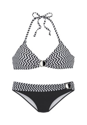 Black bikini set with white zigzag pattern on top and waistband, featuring metal ring details on both pieces.
